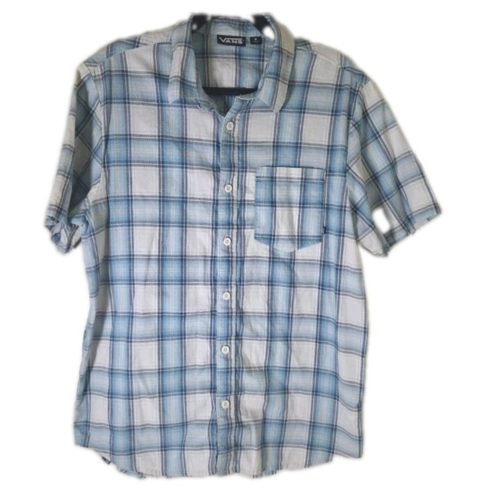 Vans Off The Wall Shirt Mens M Blue White Plaid Short Sleeve Button Up Cotton